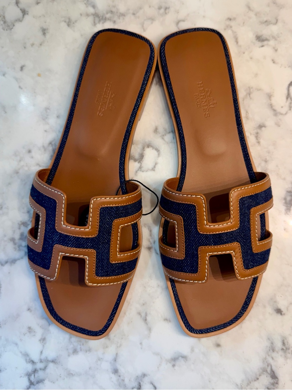 NEW Hermes Denim/Brown Leather Oran Slide Sandal sz 38.5 - Picture 4 of 6